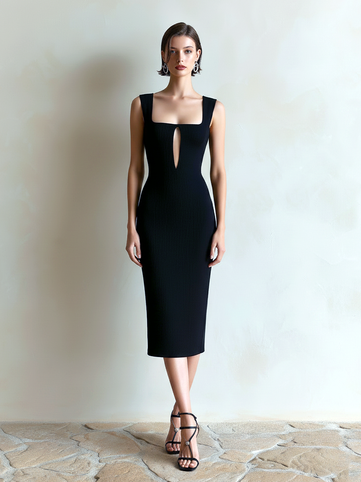 ElevenOra Chic Elegant Black Square-Neck Sleeveless Cutout Detail Slim-Fit Bodycon Knit Midi Dress