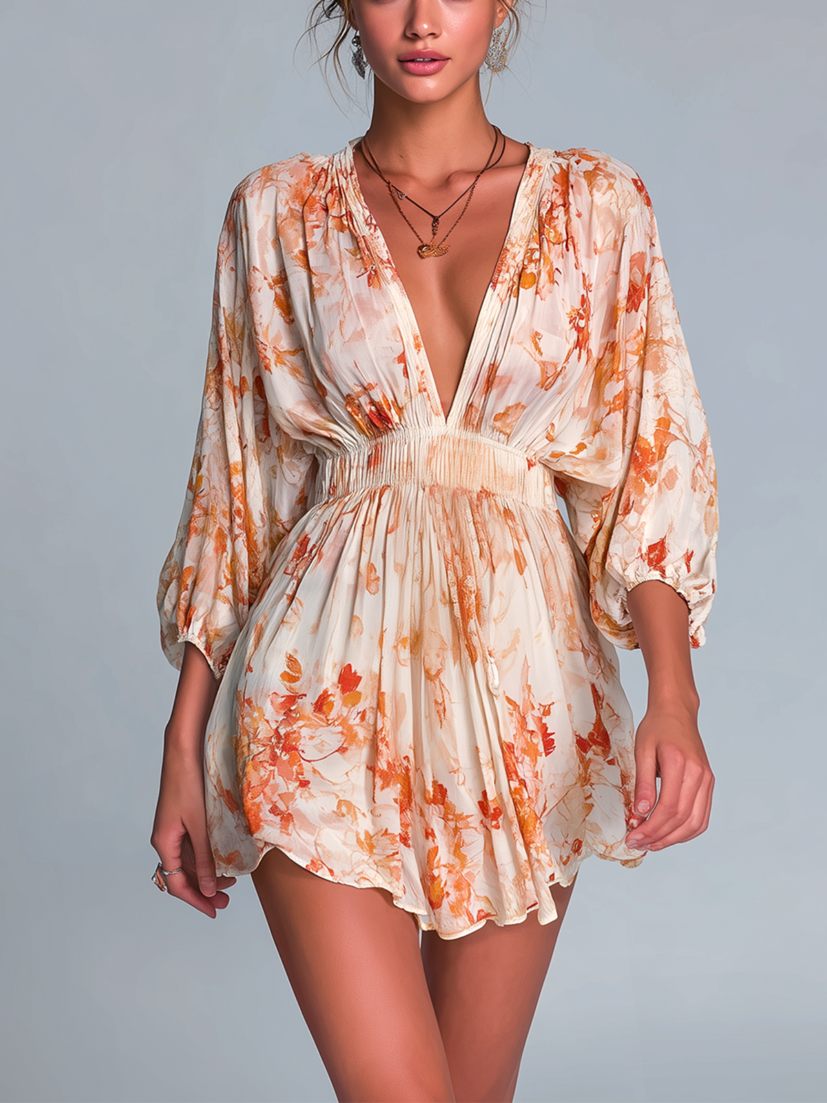 ElevenOra Chic Elegant Beige Boho Floral V-Neck Balloon-Sleeve Tie-Waist Loose-Fit Chiffon Cover-Up Mini Dress