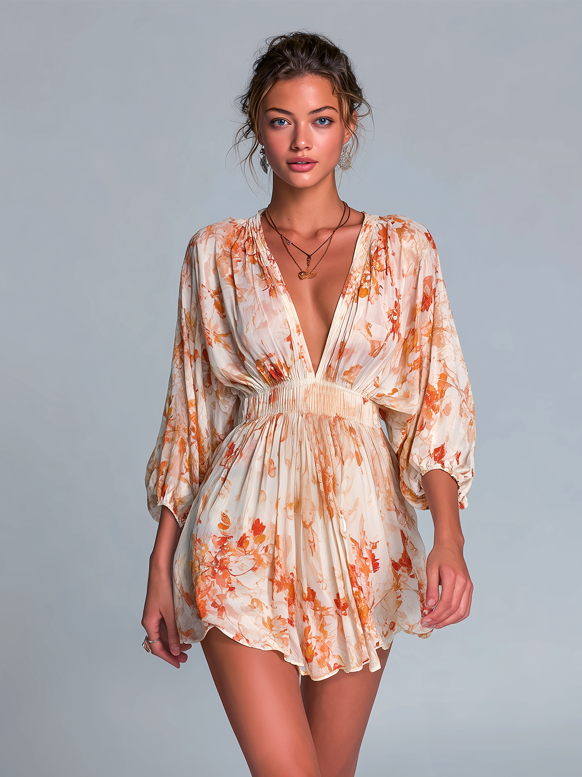 ElevenOra Chic Elegant Beige Boho Floral V-Neck Balloon-Sleeve Tie-Waist Loose-Fit Chiffon Cover-Up Mini Dress