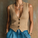 ElevenOra Chic Elegant Camel Linen V-Neck Sleeveless Single-Breasted Slim-Fit Vest Top