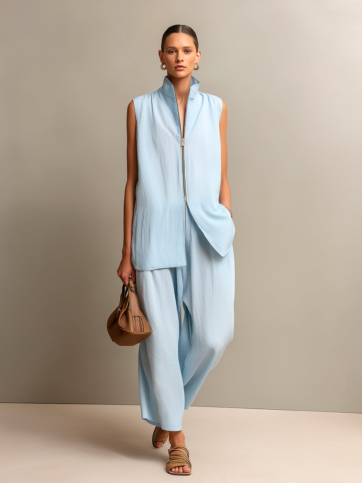 ElevenOra Chic Elegant Blue Cotton-Blend Zipper-Front Stand Collar Vest Wide-Leg Cropped Pants Loose-Fit Two-Piece Set