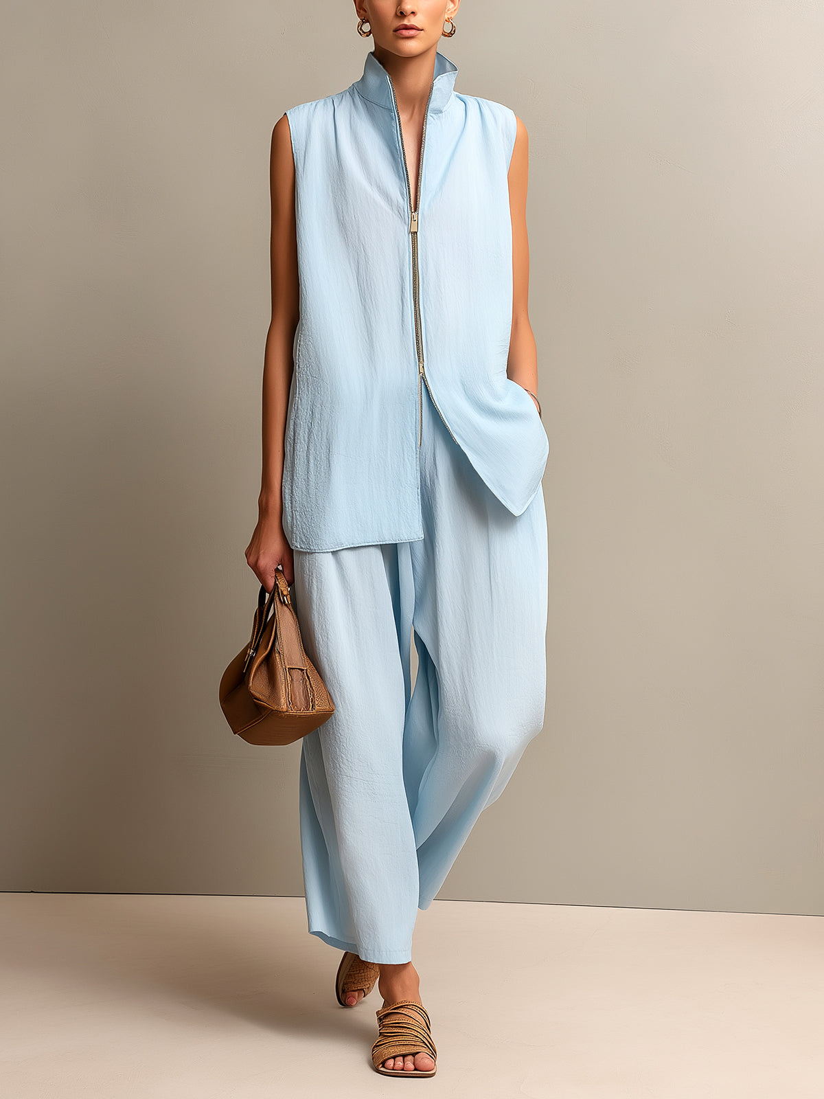 ElevenOra Chic Elegant Blue Cotton-Blend Zipper-Front Stand Collar Vest Wide-Leg Cropped Pants Loose-Fit Two-Piece Set