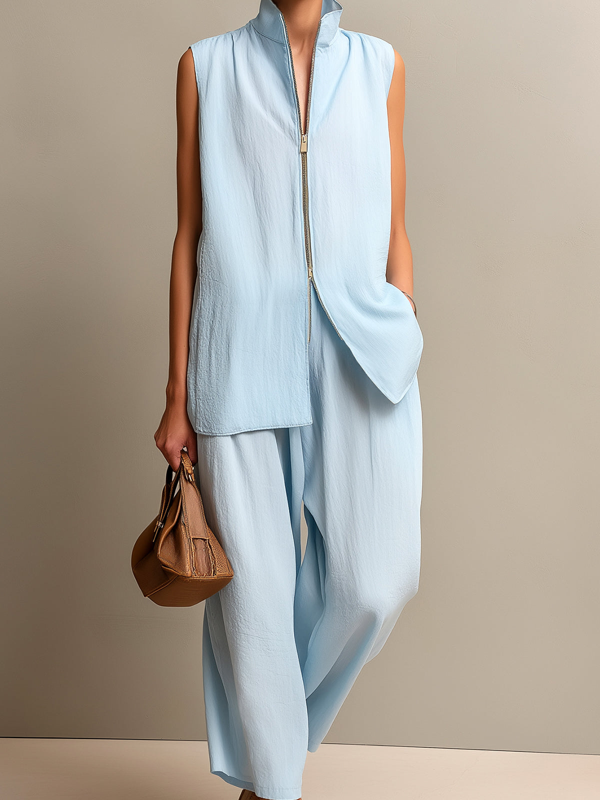 ElevenOra Chic Elegant Blue Cotton-Blend Zipper-Front Stand Collar Vest Wide-Leg Cropped Pants Loose-Fit Two-Piece Set