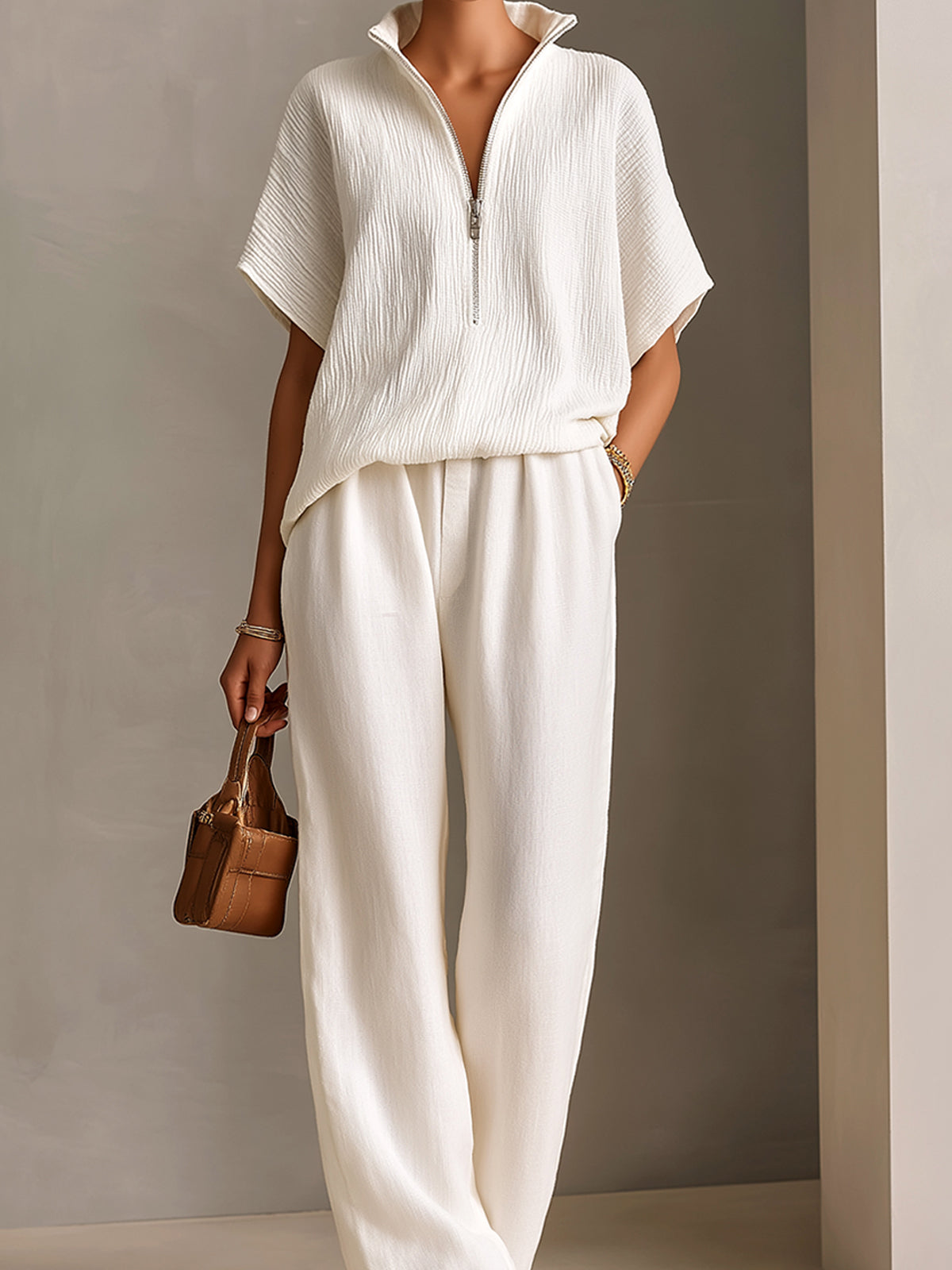 ElevenOra Chic Elegant White Pleated Cotton Blend Zipper-Up Stand Collar Short-Sleeve Top Linen Wide-Leg Pants Loose-Fit Two-Piece Set