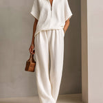 ElevenOra Chic Elegant White Pleated Cotton Blend Zipper-Up Stand Collar Short-Sleeve Top Linen Wide-Leg Pants Loose-Fit Two-Piece Set