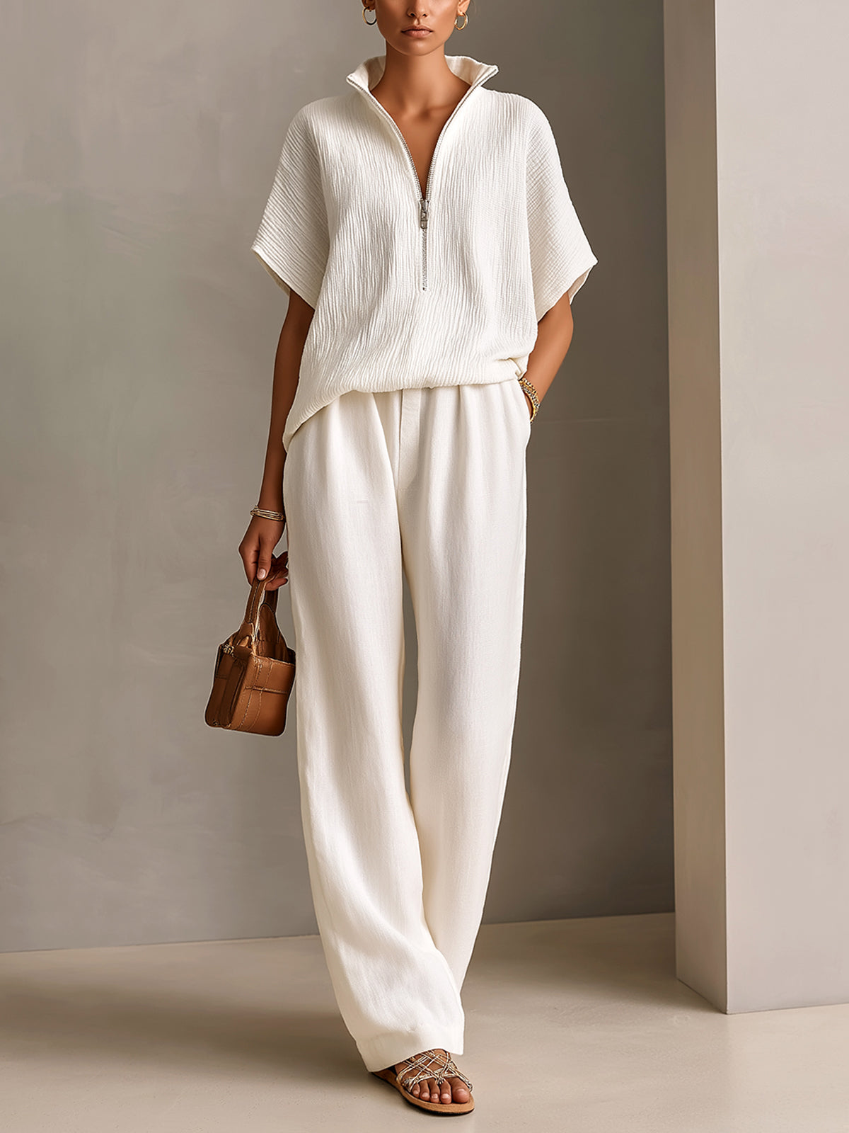 ElevenOra Chic Elegant White Pleated Cotton Blend Zipper-Up Stand Collar Short-Sleeve Top Linen Wide-Leg Pants Loose-Fit Two-Piece Set