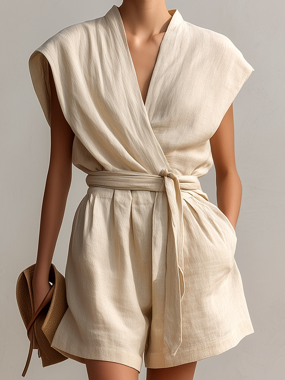 ElevenOra Chic Casual Beige Linen Blend Cross-Front V-Neck Short-Sleeve Tie-Waist Loose-Fit Romper