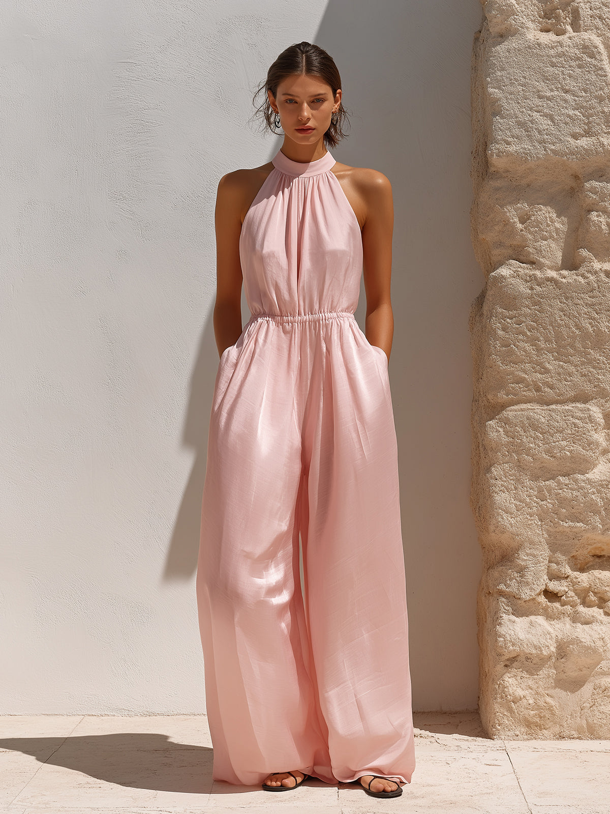 ElevenOra Chic Elegant Pink Chiffon Halter-Neck Sleeveless Elastic-Waist Loose-Fit Wide-Leg Jumpsuit