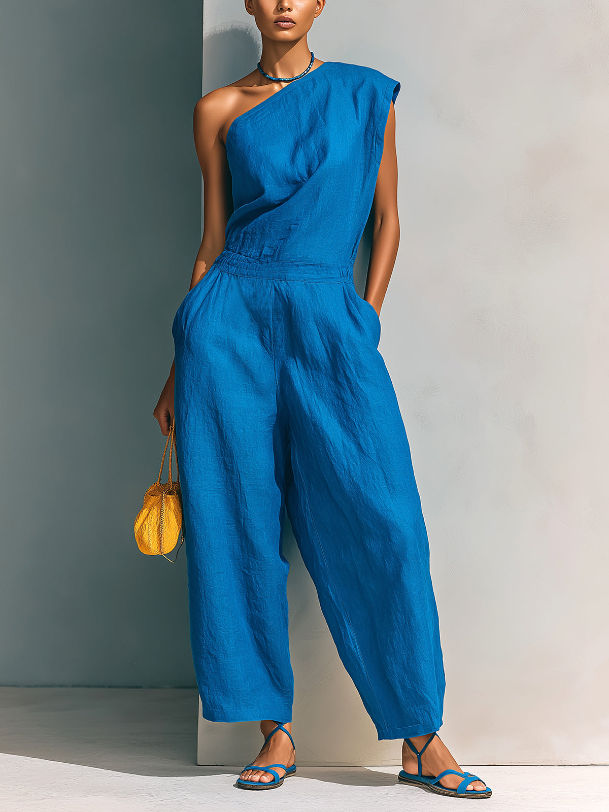 ElevenOra Chic Elegant Royal Blue Linen Blend One-Shoulder Sleeveless Tailored-Waist Loose-Fit Wide-Leg Cropped Jumpsuit