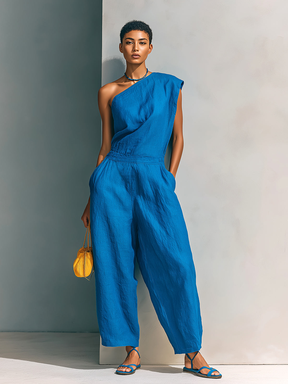 ElevenOra Chic Elegant Royal Blue Linen Blend One-Shoulder Sleeveless Tailored-Waist Loose-Fit Wide-Leg Cropped Jumpsuit