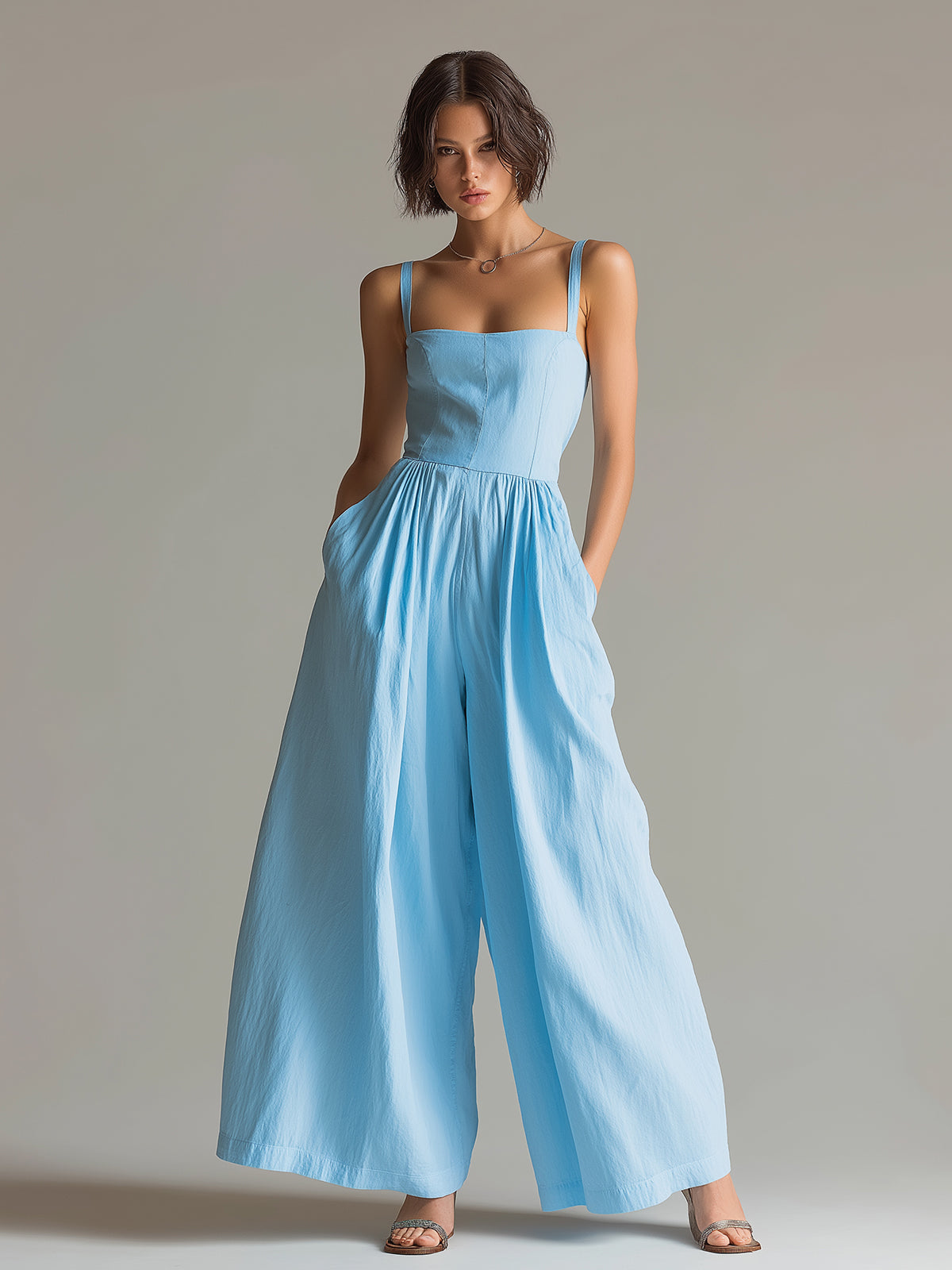 ElevenOra Chic Casual Blue Cotton-Linen Blend Strappy Square-Neck Sleeveless Tailored-Waist Pleats Detail Wide-Leg Jumpsuit