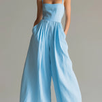 ElevenOra Chic Casual Blue Cotton-Linen Blend Strappy Square-Neck Sleeveless Tailored-Waist Pleats Detail Wide-Leg Jumpsuit