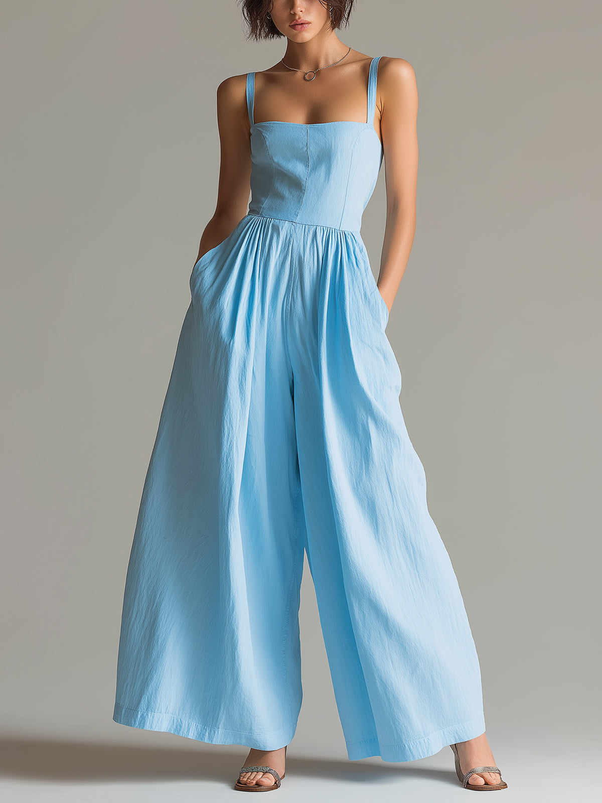 ElevenOra Chic Casual Blue Cotton-Linen Blend Strappy Square-Neck Sleeveless Tailored-Waist Pleats Detail Wide-Leg Jumpsuit