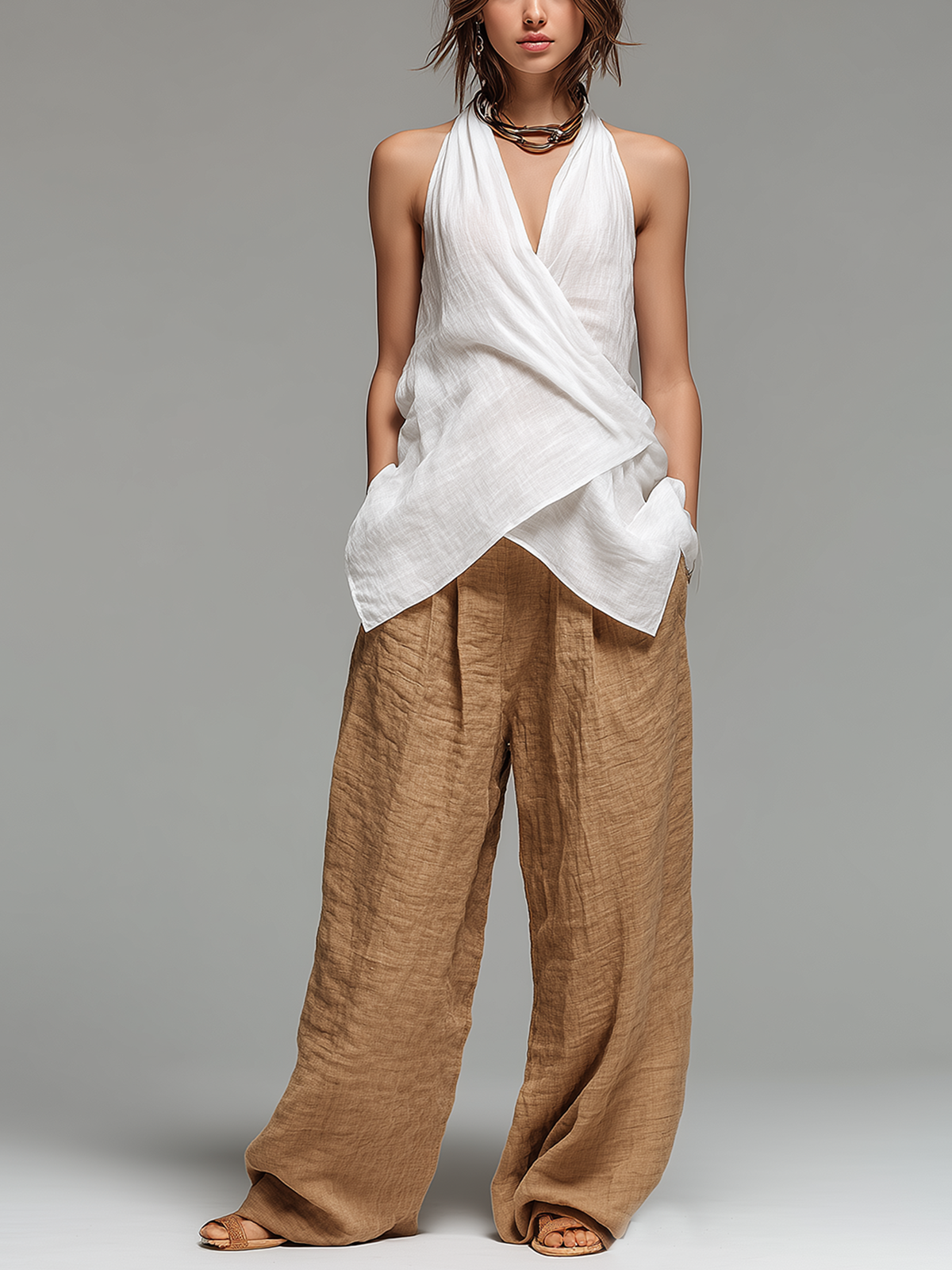ElevenOra Chic Elegant White Halter V-Neck Cross-Front Wrap Sleeveless Loose-Fit Vest Camel Linen Blend Wide-Leg Pants Two-Piece Set