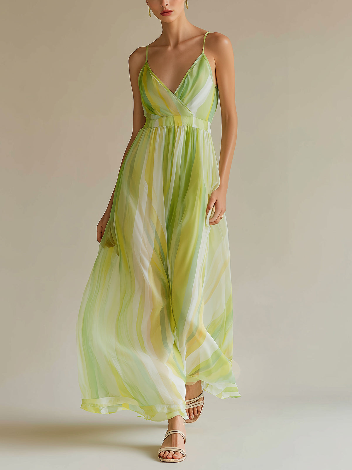 ElevenOra Chic Elegant Green Colorblock Chiffon Strappy V-Neck Sleeveless Elastic-Waist A-Line Maxi Dress