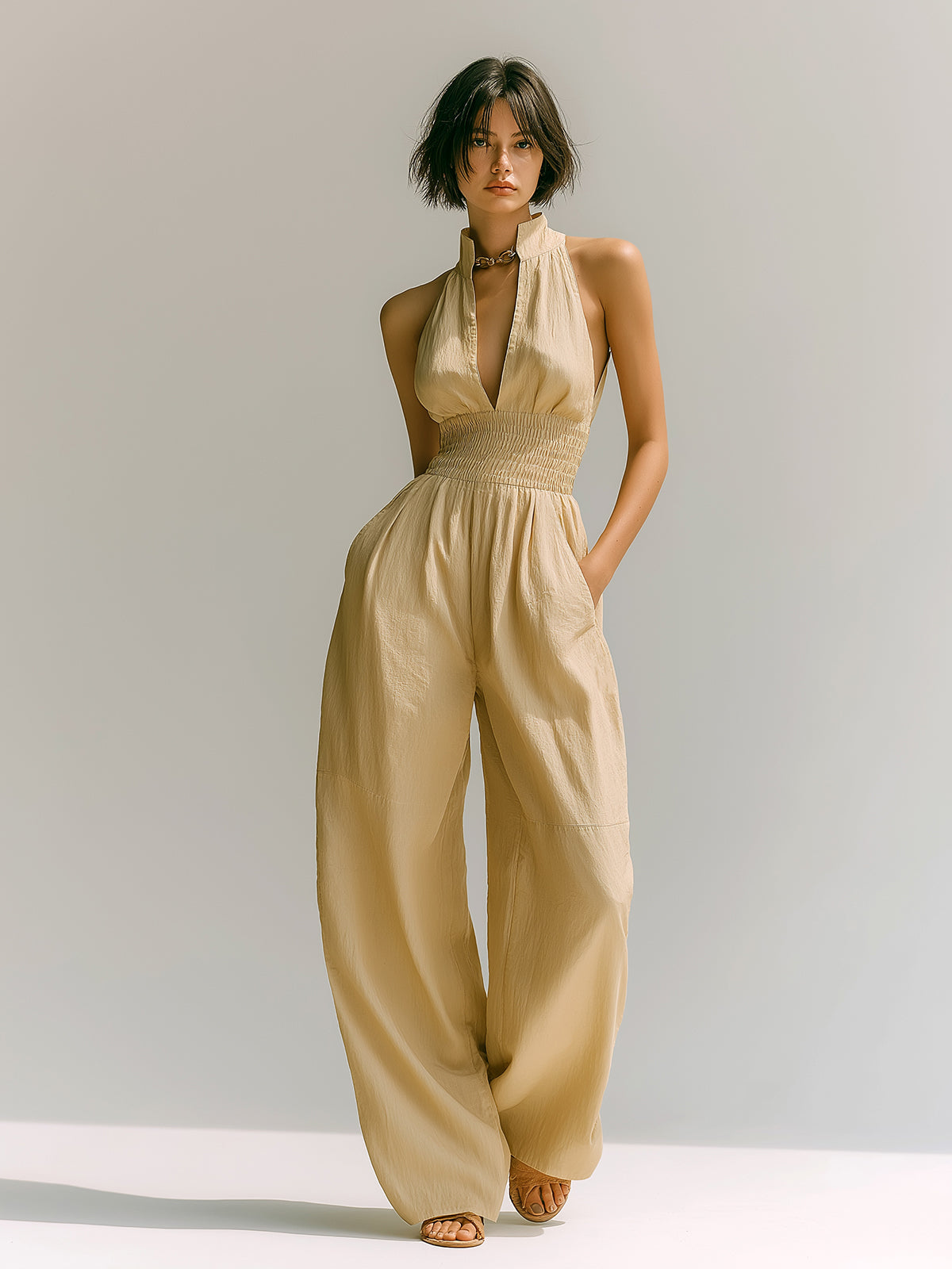 ElevenOra Chic Casual Light Khaki Cotton Blend Stand Collar V-Neck Sleeveless Elastic-Waist Wide-Leg Jumpsuit