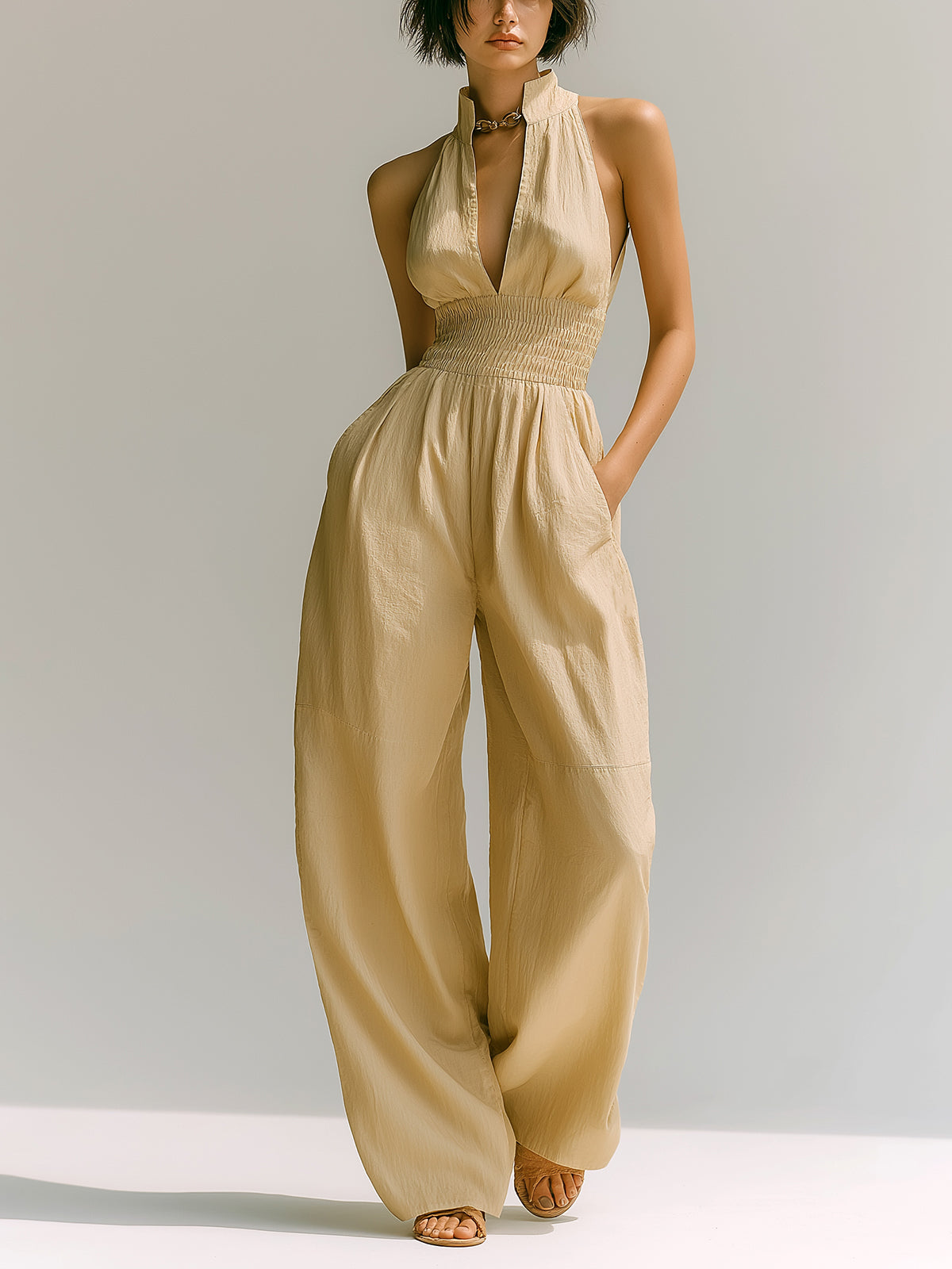 ElevenOra Chic Casual Light Khaki Cotton Blend Stand Collar V-Neck Sleeveless Elastic-Waist Wide-Leg Jumpsuit