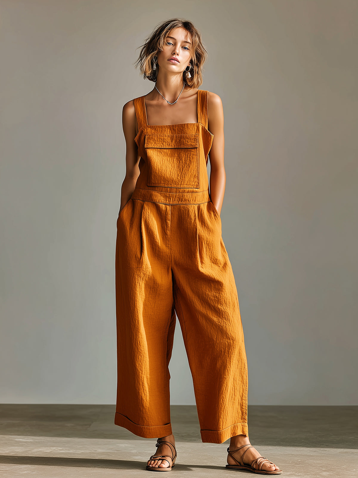 ElevenOra Chic Casual Caramel Cotton-Linen Blend Strappy Square-Neck Sleeveless Chest Pocket Detail Loose-Fit Wide-Leg Jumpsuit