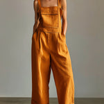 ElevenOra Chic Casual Caramel Cotton-Linen Blend Strappy Square-Neck Sleeveless Chest Pocket Detail Loose-Fit Wide-Leg Jumpsuit