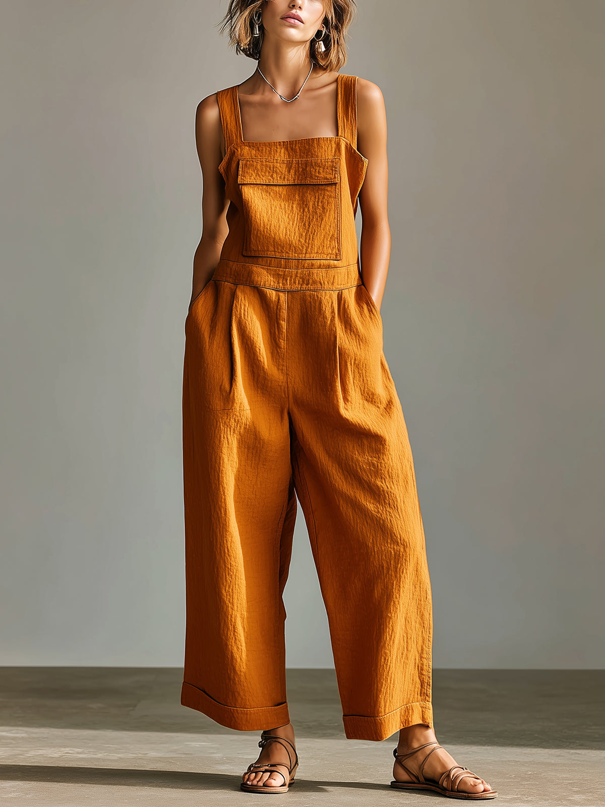 ElevenOra Chic Casual Caramel Cotton-Linen Blend Strappy Square-Neck Sleeveless Chest Pocket Detail Loose-Fit Wide-Leg Jumpsuit