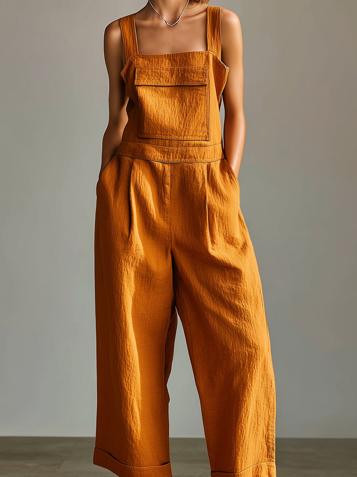 ElevenOra Chic Casual Caramel Cotton-Linen Blend Strappy Square-Neck Sleeveless Chest Pocket Detail Loose-Fit Wide-Leg Jumpsuit