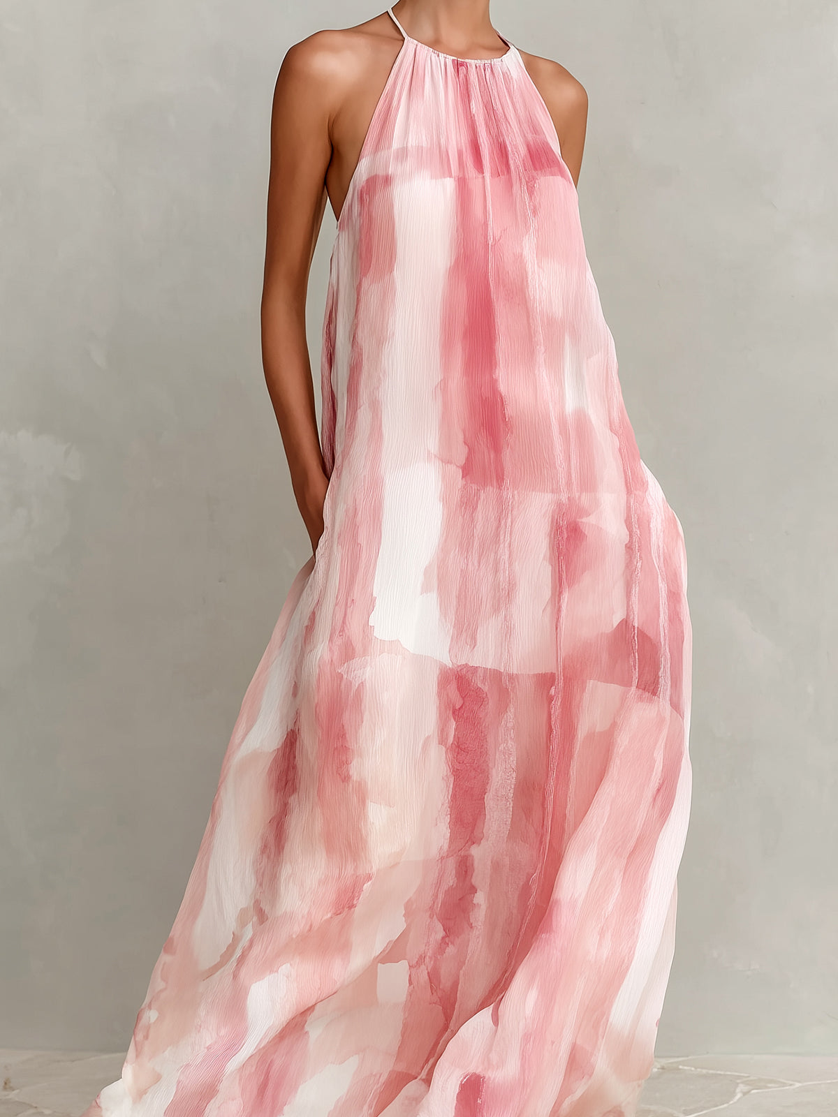 ElevenOra Chic Elegant Pink-White Chiffon Tie-Dye Print Halter-Neck Sleeveless A-Line Loose-Fit Maxi Dress