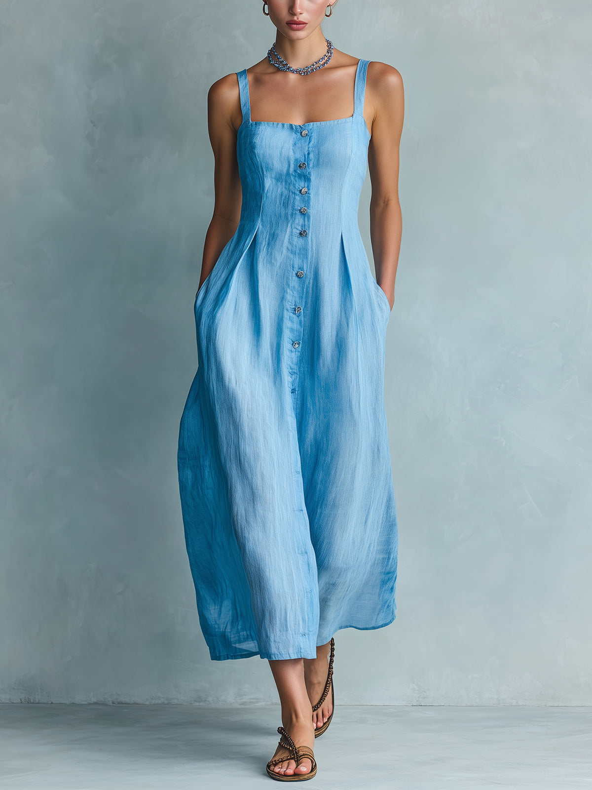 ElevenOra Chic Elegant Blue Cotton-Linen Blend Strappy Square-Neck Sleeveless Single-Breasted Tailored-Waist Midi Dress