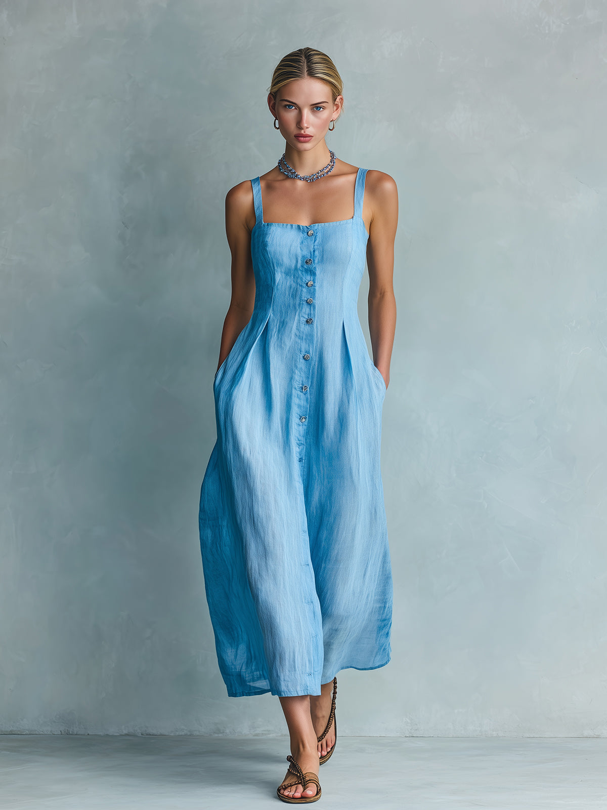 ElevenOra Chic Elegant Blue Cotton-Linen Blend Strappy Square-Neck Sleeveless Single-Breasted Tailored-Waist Midi Dress