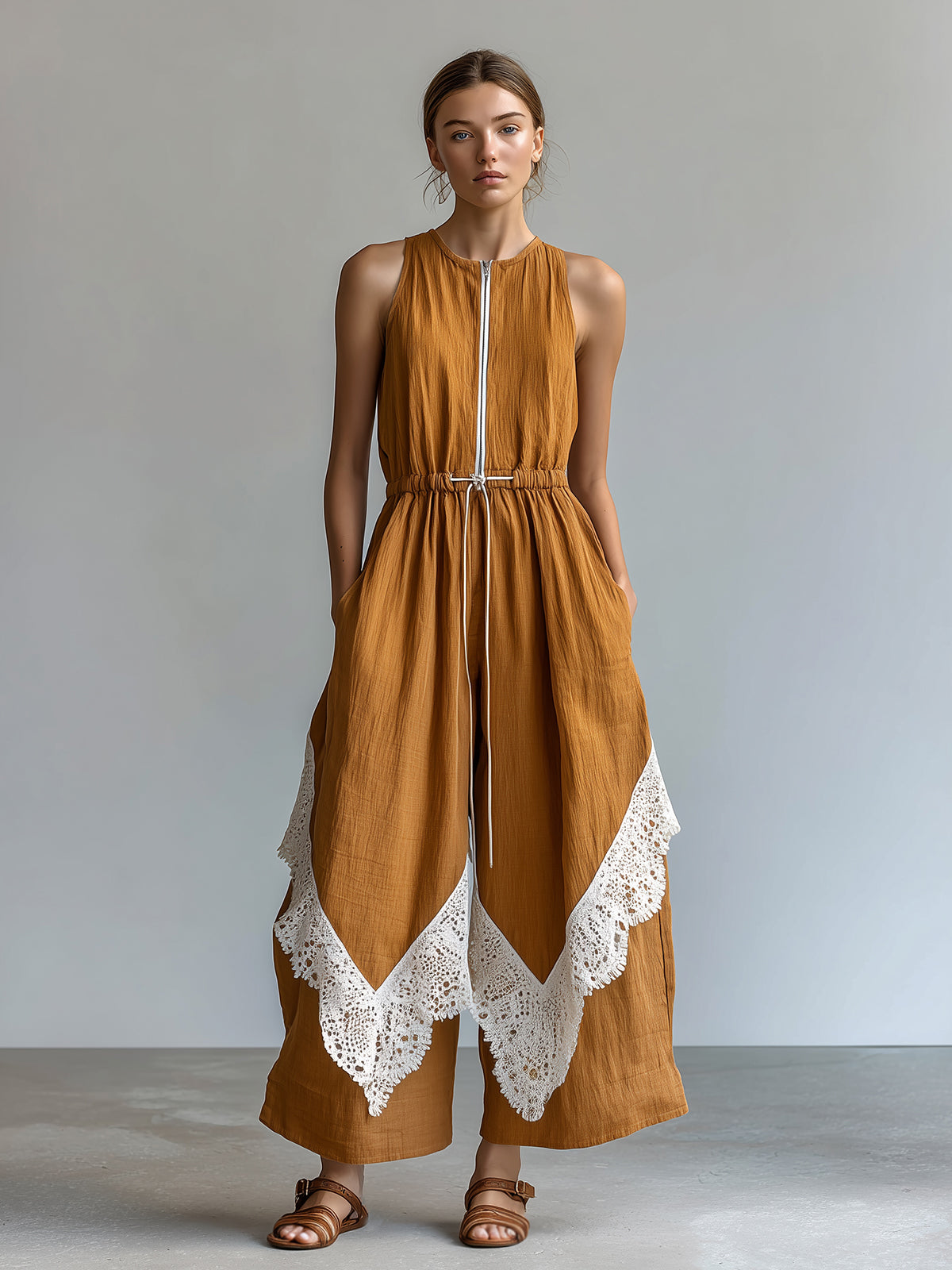 ElevenOra Chic Elegant Caramel Brown Cotton-Linen Blend Round-Neck Sleeveless Zipper-Front Drawstring-Waist Lace Trim Detail Wide-Leg Jumpsuit