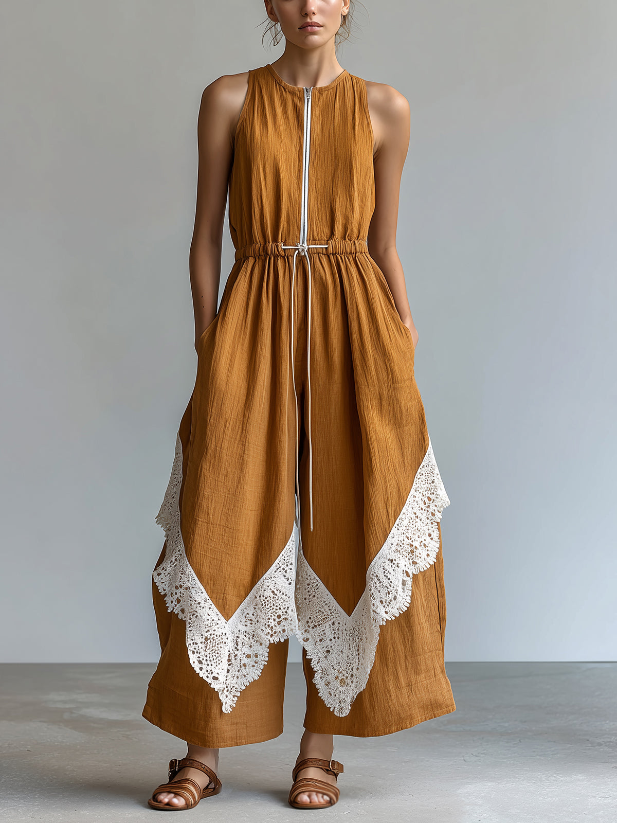 ElevenOra Chic Elegant Caramel Brown Cotton-Linen Blend Round-Neck Sleeveless Zipper-Front Drawstring-Waist Lace Trim Detail Wide-Leg Jumpsuit