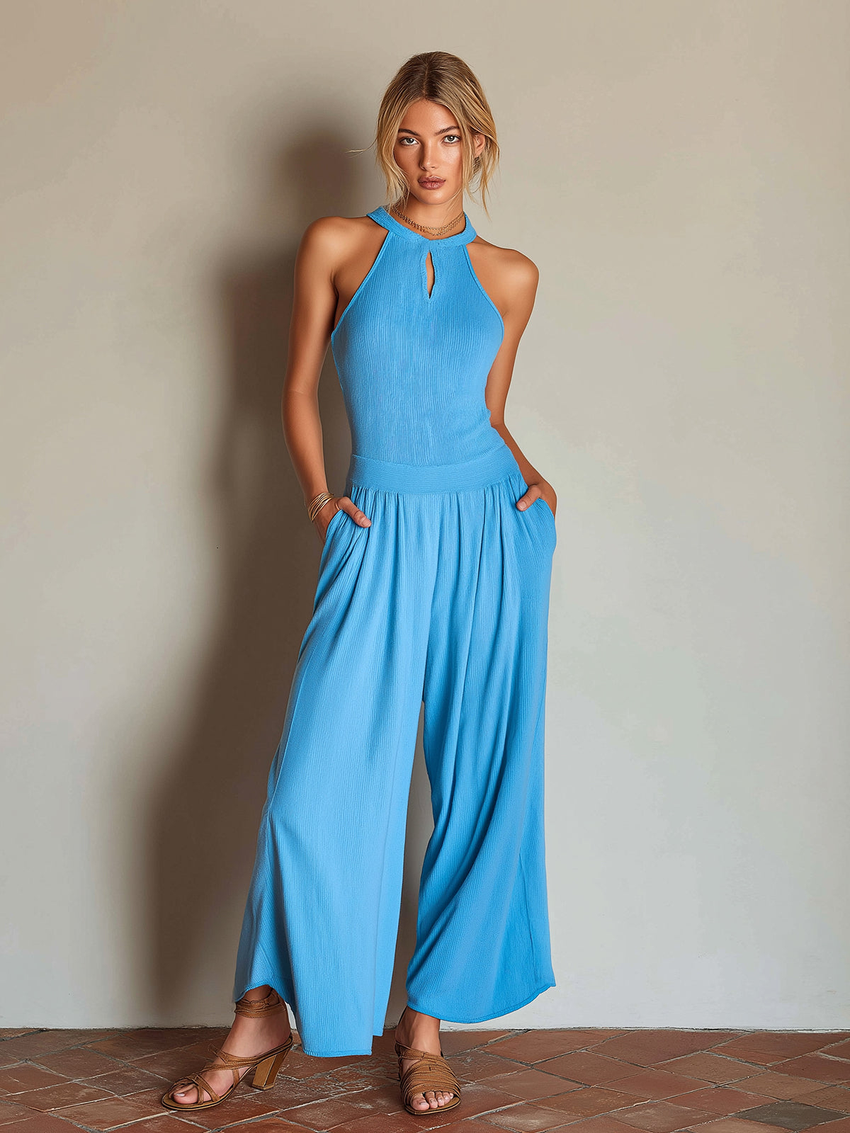 ElevenOra Chic Casual Blue Cotton Blend Round-Neck Sleeveless Cutout Detail Pleated Ribbed Wide-Leg Jumpsuit