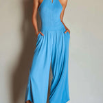 ElevenOra Chic Casual Blue Cotton Blend Round-Neck Sleeveless Cutout Detail Pleated Ribbed Wide-Leg Jumpsuit