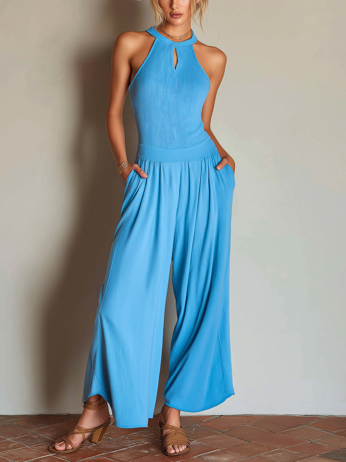 ElevenOra Chic Casual Blue Cotton Blend Round-Neck Sleeveless Cutout Detail Pleated Ribbed Wide-Leg Jumpsuit