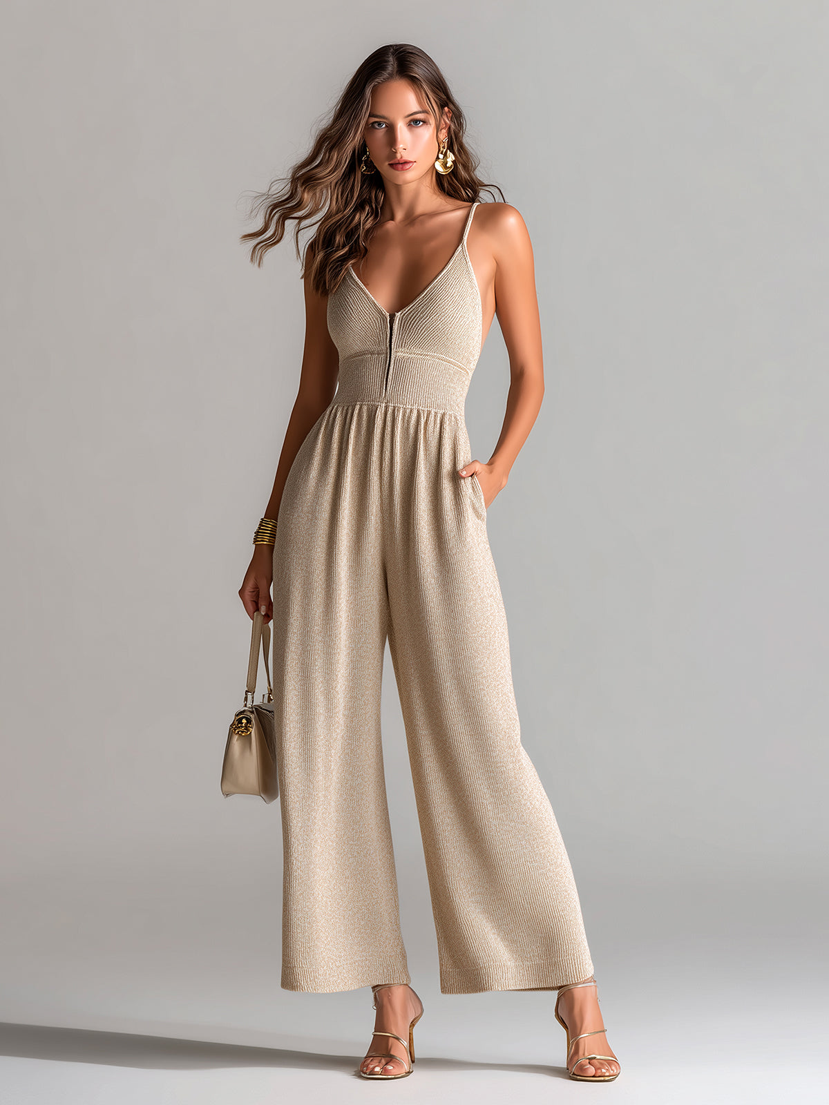 ElevenOra Chic Casual Beige Strappy V-Neck Sleeveless Zipper-Front Tailored-Waist Ribbed Knit Wide-Leg Jumpsuit