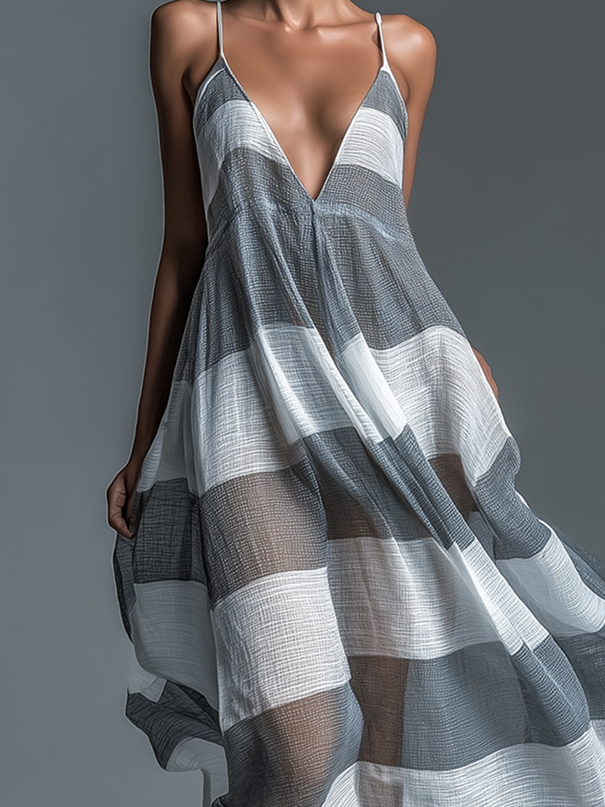 ElevenOra Chic Elegant Grey-White Stripes Spaghetti Straps V-Neck Sleeveless Loose-Fit A-Line Beach Cover-Up Sheer Cotton Blend Maxi Dress