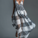 ElevenOra Chic Elegant Grey-White Stripes Spaghetti Straps V-Neck Sleeveless Loose-Fit A-Line Beach Cover-Up Sheer Cotton Blend Maxi Dress