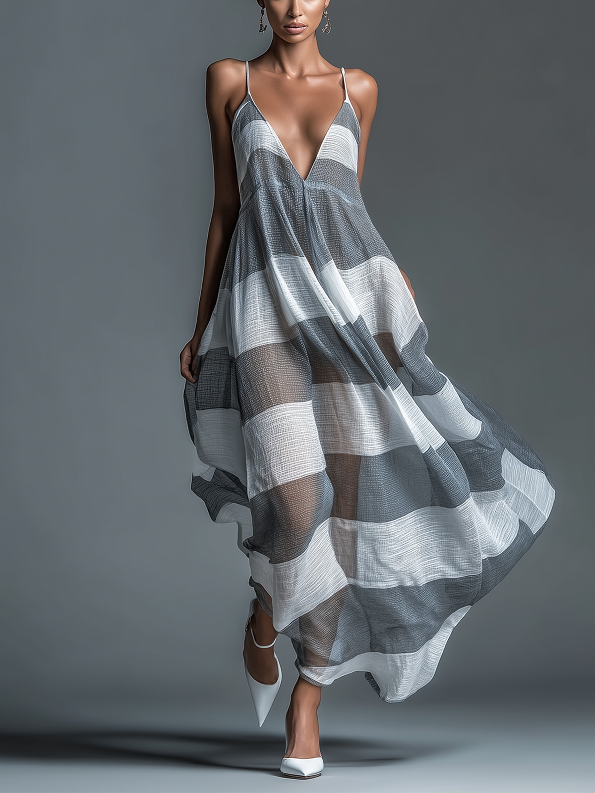 ElevenOra Chic Elegant Grey-White Stripes Spaghetti Straps V-Neck Sleeveless Loose-Fit A-Line Beach Cover-Up Sheer Cotton Blend Maxi Dress