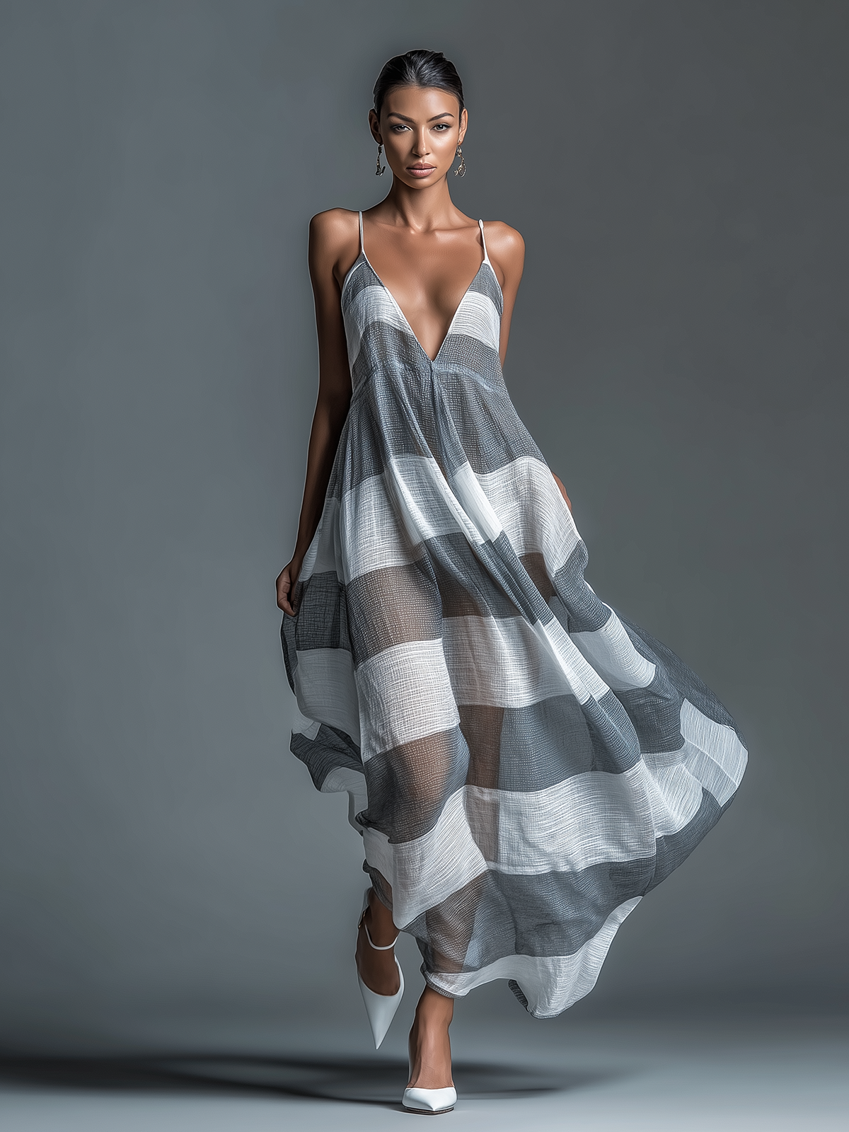 ElevenOra Chic Elegant Grey-White Stripes Spaghetti Straps V-Neck Sleeveless Loose-Fit A-Line Beach Cover-Up Sheer Cotton Blend Maxi Dress