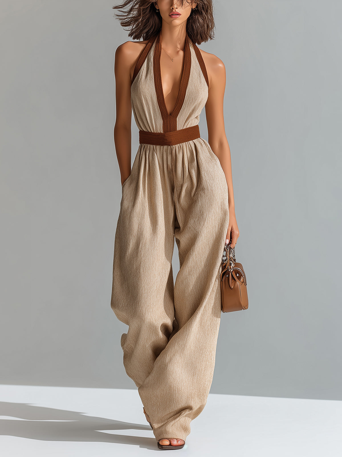 ElevenOra Chic Elegant Beige-Brown Colorblock Cotton-Linen Blend Halter V-Neck Sleeveless Tailored-Waist Wide-Leg Jumpsuit