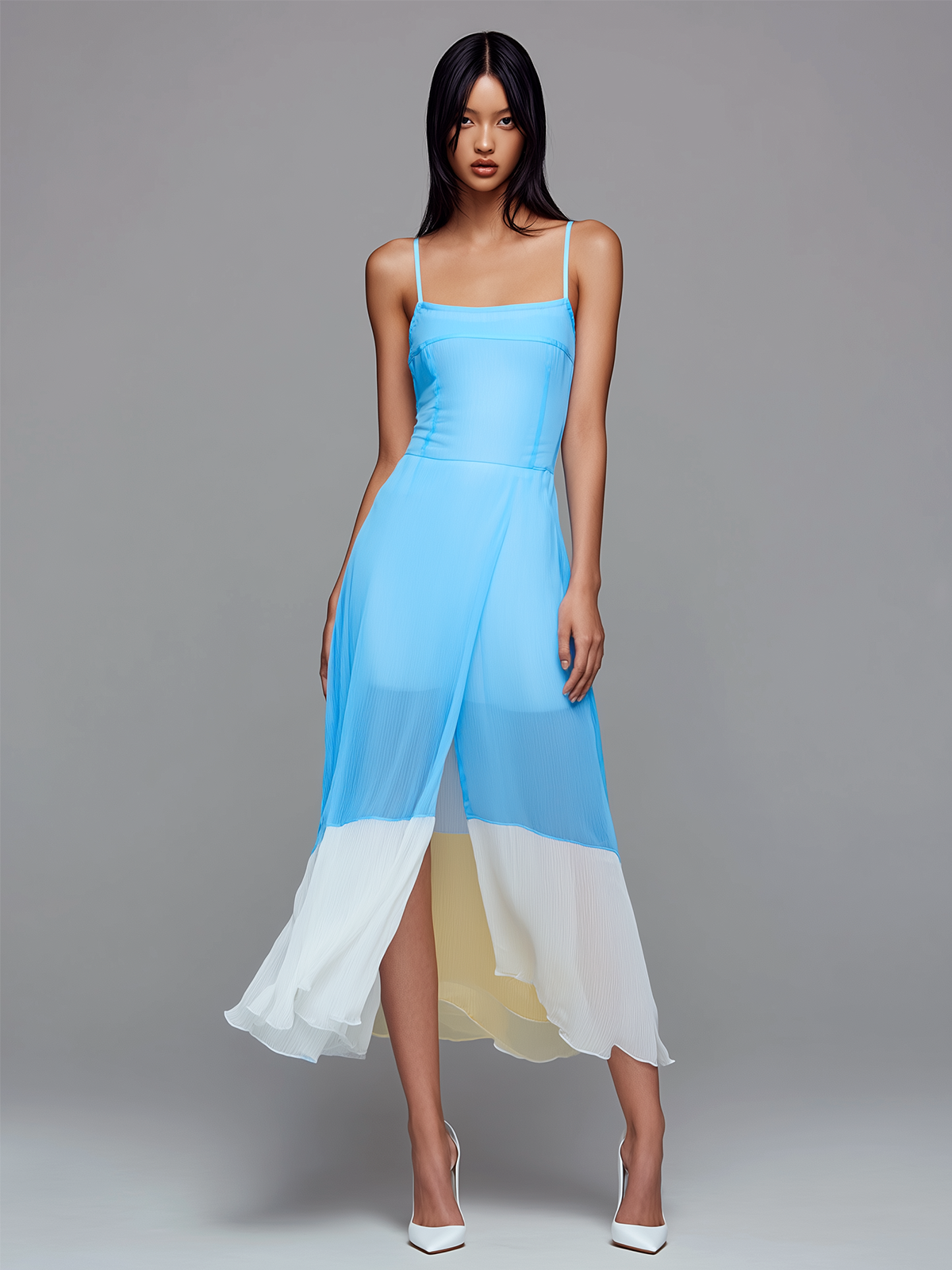 ElevenOra Chic Elegant Blue-White Colorblock Spaghetti Straps Square-N