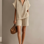 ElevenOra Chic Elegant Beige Zipper-Up Lapel Collar Short-Sleeve Oversize Top Elastic-Waist Shorts Ribbed Knit Two-Piece Set