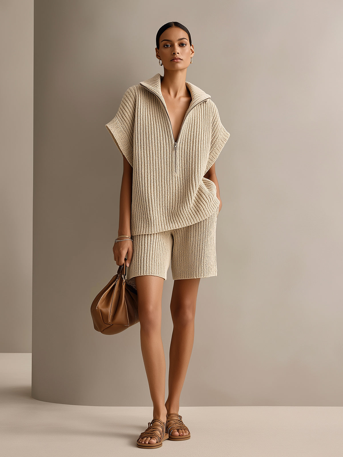ElevenOra Chic Elegant Beige Zipper-Up Lapel Collar Short-Sleeve Oversize Top Elastic-Waist Shorts Ribbed Knit Two-Piece Set