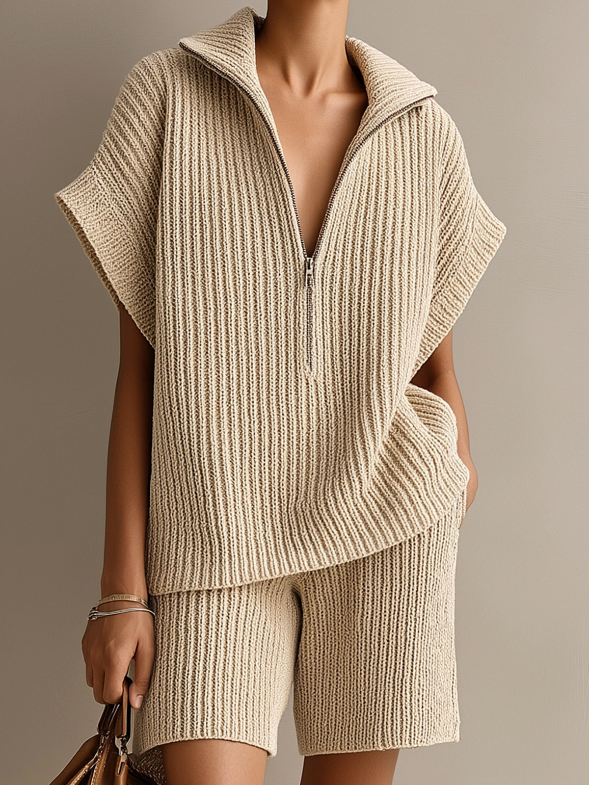 ElevenOra Chic Elegant Beige Zipper-Up Lapel Collar Short-Sleeve Oversize Top Elastic-Waist Shorts Ribbed Knit Two-Piece Set