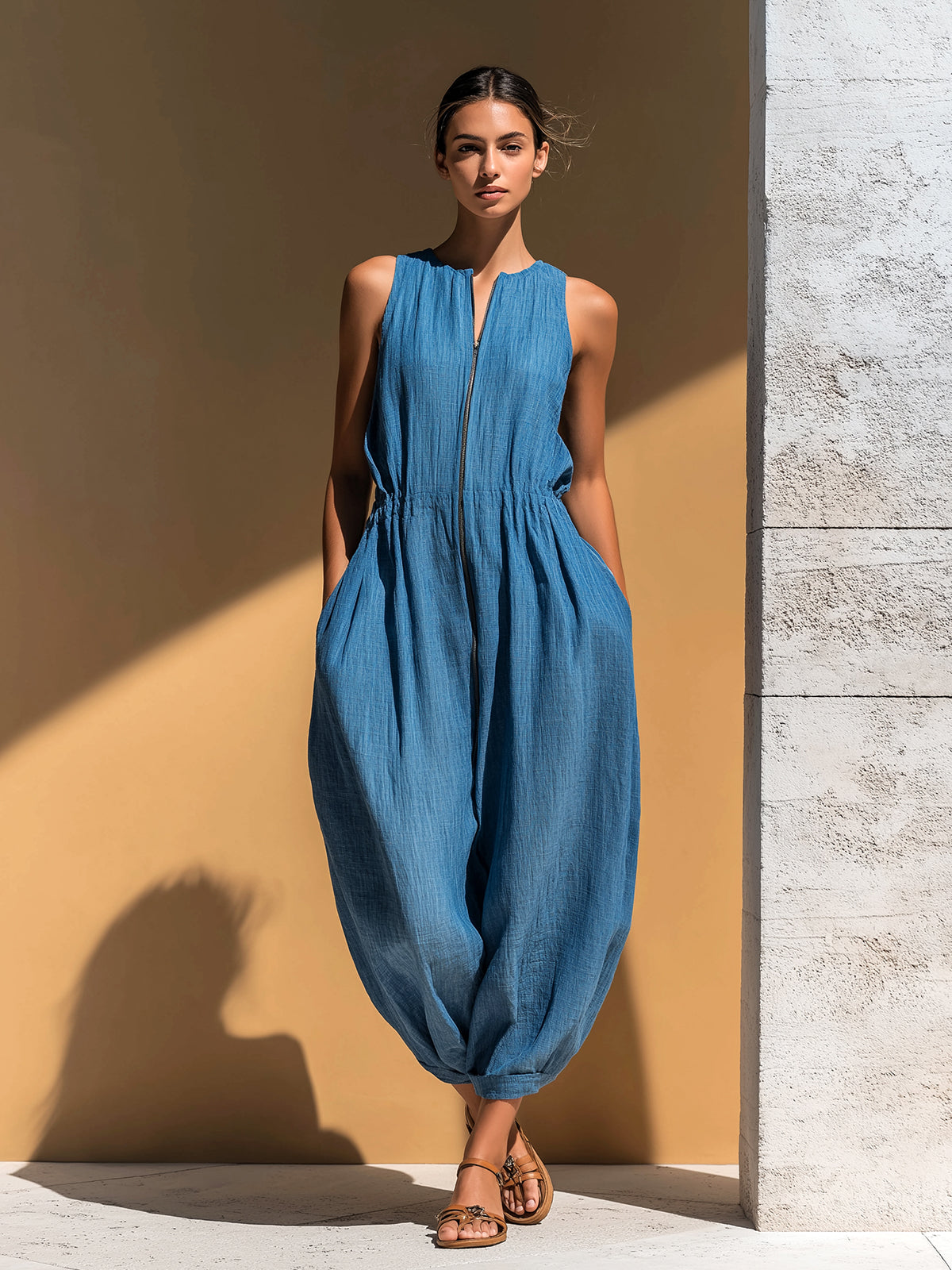 ElevenOra Chic Elegant Blue Linen Blend Round-Neck Zipper-Front Sleeveless Oversize Cuffed Jumpsuit