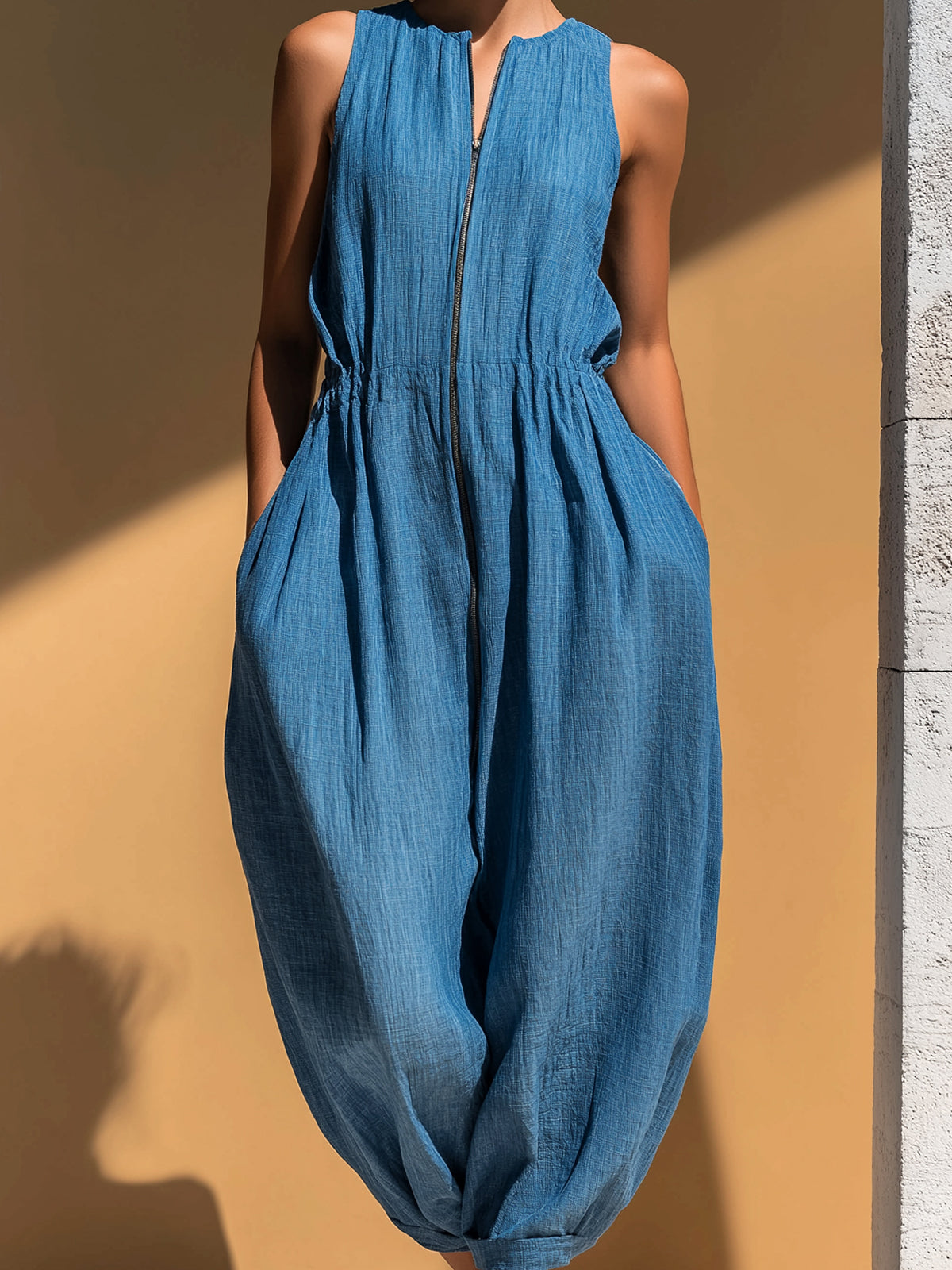 ElevenOra Chic Elegant Blue Linen Blend Round-Neck Zipper-Front Sleeveless Oversize Cuffed Jumpsuit
