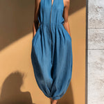 ElevenOra Chic Elegant Blue Linen Blend Round-Neck Zipper-Front Sleeveless Oversize Cuffed Jumpsuit