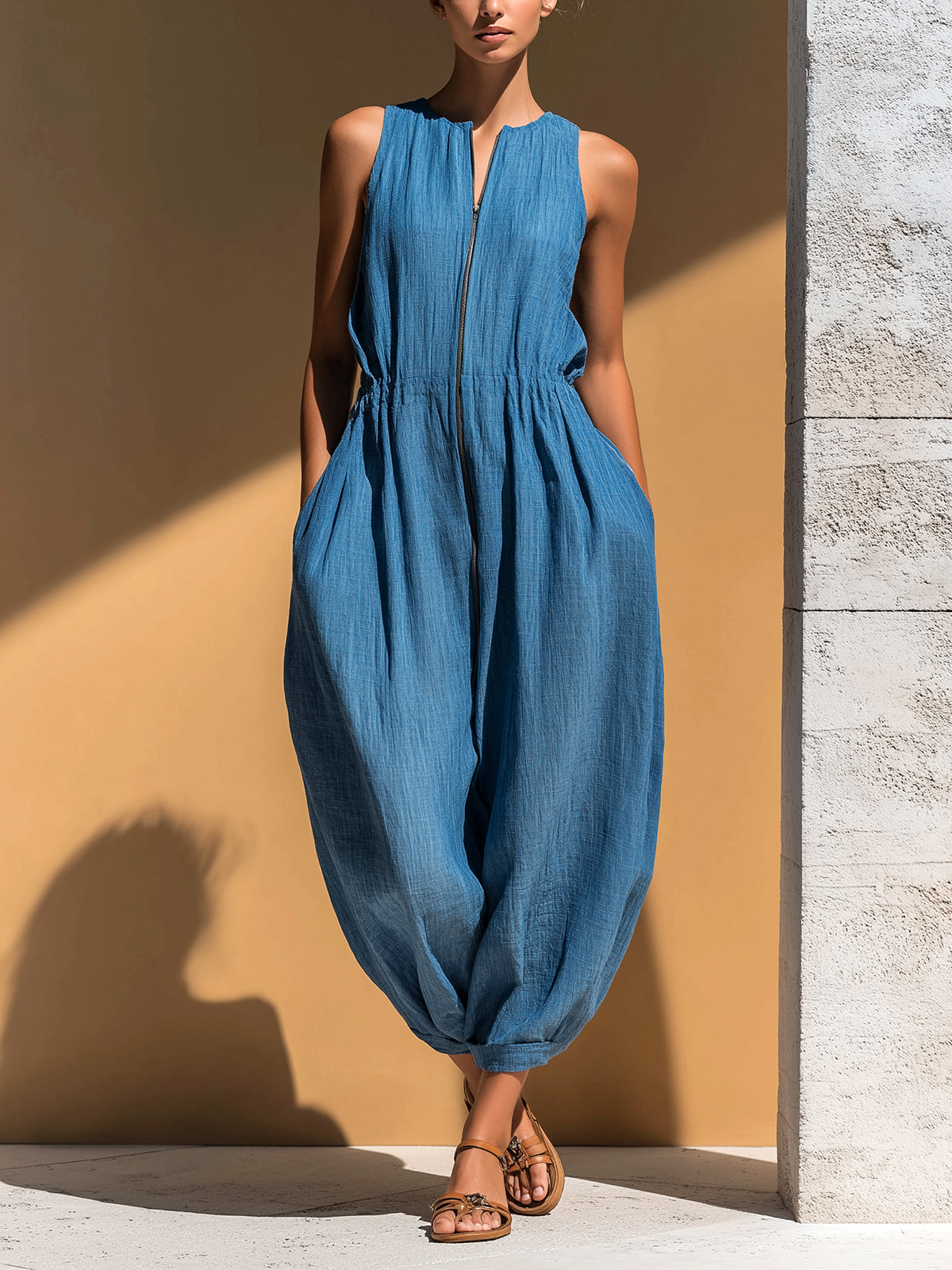 ElevenOra Chic Elegant Blue Linen Blend Round-Neck Zipper-Front Sleeveless Oversize Cuffed Jumpsuit