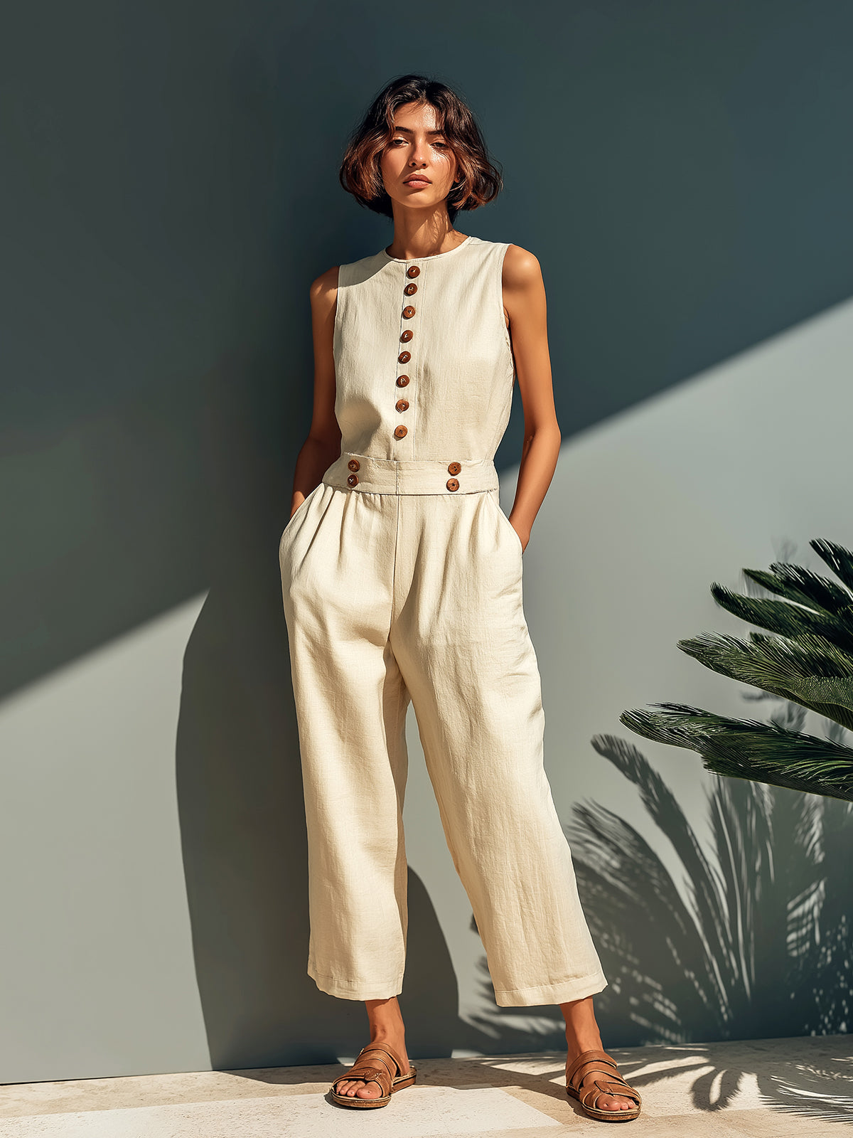 ElevenOra Chic Elegant Cream White Cotton-Linen Blend Round-Neck Button-Front Sleeveless Tailored-Waist Loose-Fit Jumpsuit