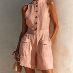 ElevenOra Chic Casual Pink Cotton-Linen Blend Button-Up Round-Neck Sleeveless Pockets-Detail Slim-Fit Romper