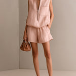ElevenOra Chic Casual Pink Cotton-Linen Blend Zipper-Up Round-Neck Sleeveless Chest Pocket Vest Elastic-Waist Shorts Loose-Fit Two-Piece Set